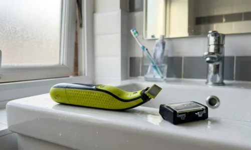 Modern hybrid electric grooming razor with replacement blade cartridge