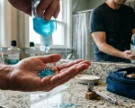 Clear shaving gel being dispensed into an open hand