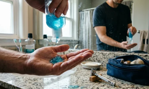 Clear shaving gel being dispensed into an open hand